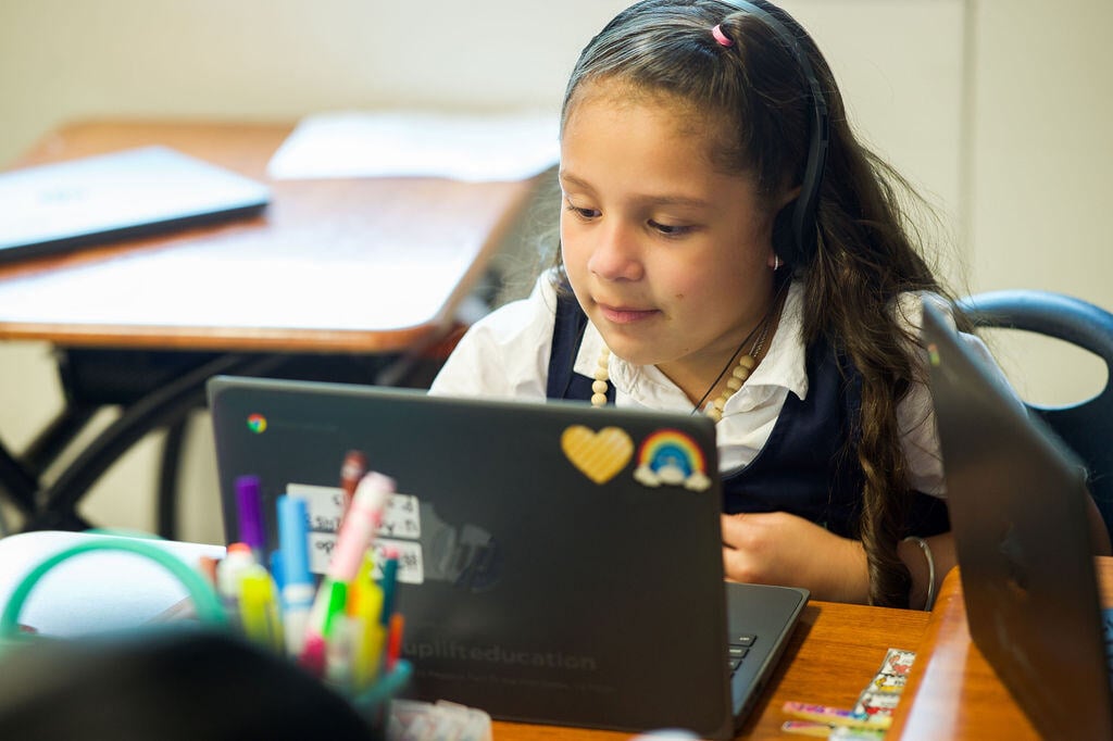 young girl looking at a laptop screen
